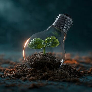 Green plant growing inside a light bulb on dark soil.