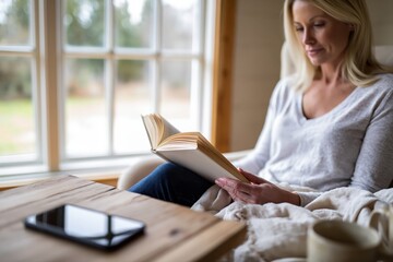 Obraz premium Relaxed woman reading a book while sitting in a cozy home armchair