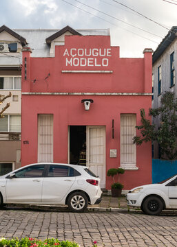 Antonio Prado, Brazil - July 24th 2025: Colonial house fa&ccedil;ade in Ant&ocirc;nio Prado, Rio Grande do Sul, Brazil - A&ccedil;ougue modelo.