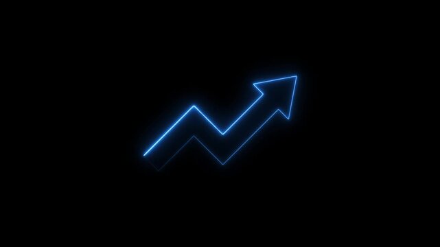 Abstract neon arrow business graph chart icon animation. Market Recovery concept successful growth trend line graph going Up on a black background