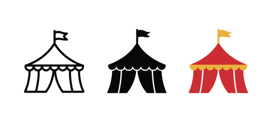 Circus tent icons featuring big top event marquee, carnival entertainment, festival venue, amusement park, and showground symbols in outline, solid, and flat color vector styles for branding, events,  © ARIF AHMED 02