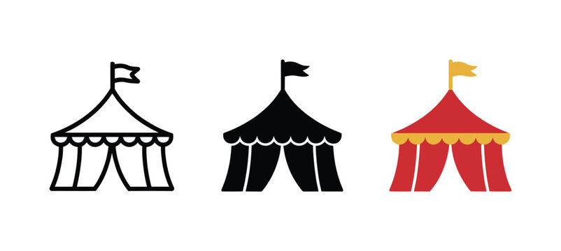 Circus tent icons featuring big top event marquee, carnival entertainment, festival venue, amusement park, and showground symbols in outline, solid, and flat color vector styles for branding, events, 