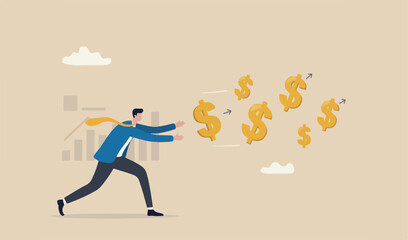 Fototapeta premium Chasing high performance active mutual fund, buying rising star stock or funds, catch grab concept, businessman investor chasing try to catch high performance attractive dollar