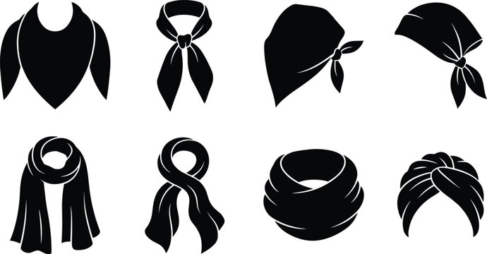 Bandana and scarf silhouette icon set featuring neckerchief, headscarf, turban, and winter neck wrap vector illustrations