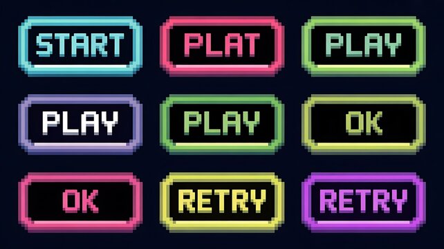 8-bit pixel art neon button set 