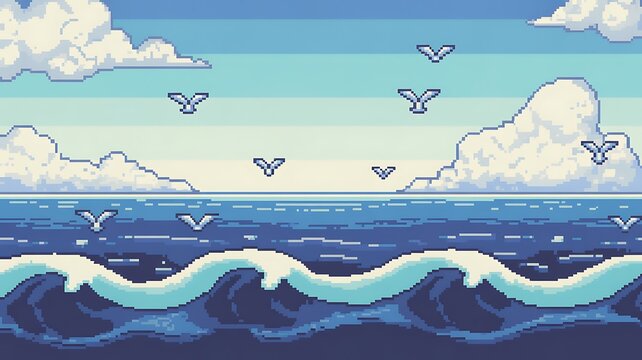 8-bit pixel art sea with clouds and seagulls background illustration