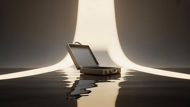 Illuminated briefcase open on a shiny floor casting a bright light in a minimalistic setting studio shot 