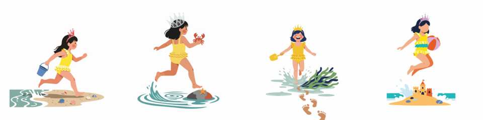 A set of illustrations featuring a young girl in a yellow swimsuit and crowns playing at the beach, jumping, running, and building sandcastles.