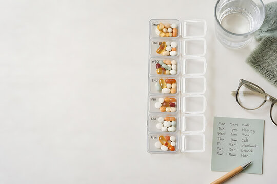 Weekly medication organizer with sorted pills and a glass of water
