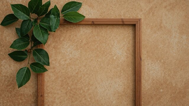 A wooden frame with green leaves on a beige background