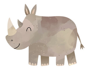 Fototapeta premium Cute watercolor rhinoceros. Hand painted illustration of a rhinoceros. Wildlife jungle safari animal. Nursery decor