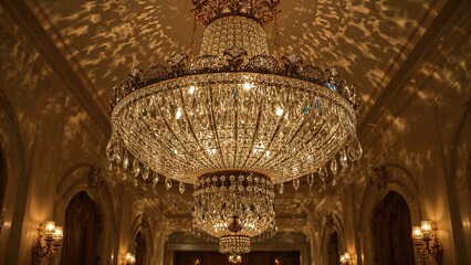 Fototapeta premium A luxurious chandelier in a grand room reflecting light patterns on the ceiling, vintage style, with ornate decoration and elegant lighting.