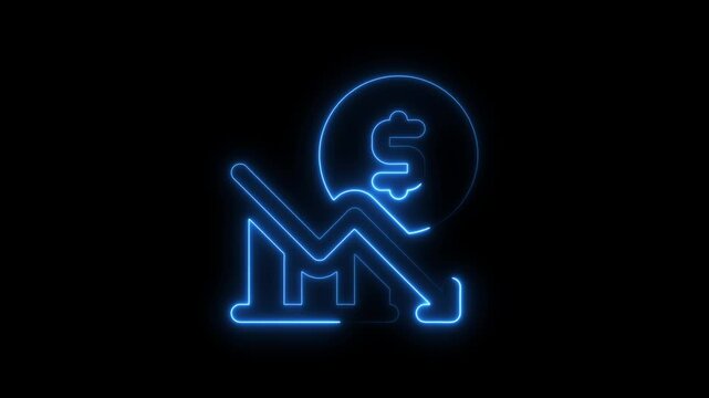  Neon line of Dollar sign with down arrow icon on black background. Abstract neon line business graph animation.