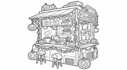 Fototapeta premium Black and White Coloring Page of a Cozy Cyberpunk Food Stall with Halloween Pumpkins and Fall Harvest Decorations, Isometric Vector Illustration