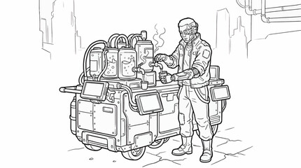 Obraz premium Black and White Coloring Page of a Cyberpunk Vendor Operating a Compact Mobile Beverage Cart, Futuristic City Background, Line Art Vector Illustration