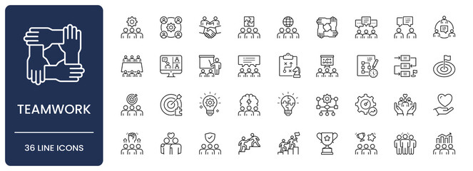 Teamwork icon set. Collection of team collaboration, corporate leadership, strategic planning, business meeting and agile workflow line icon vector illustration with editable stroke. © Stock_Koom