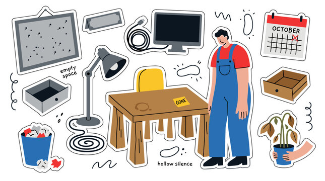 Sticker set of office workspace elements featuring tired worker, desk lamp, calendar, monitor and trash bin, productivity burnout and workflow