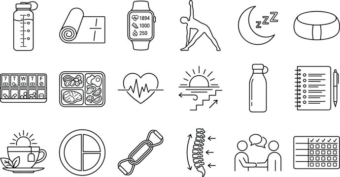 Healthy lifestyle wellness and workout line icon set for fitness tracking and daily health habit design