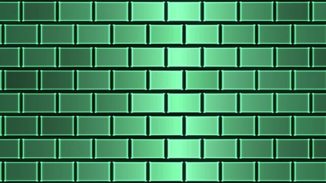 Emerald green tiles form a repeating brick pattern with glossy surfaces and bright light reflections.