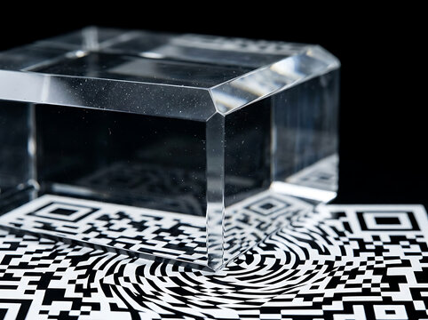 Transparent crystal cube creating optical distortions and intricate patterns on a digital code background, highlighting data visualization and modern technology