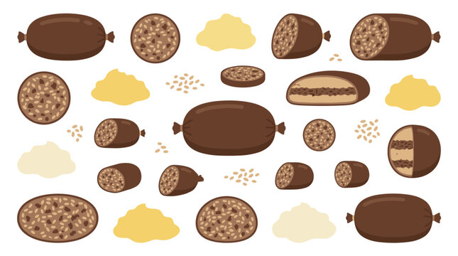 Set of dark brown blood sausages and sliced morsels with grains, culinary ingredients, traditional meat snacks, food menu elements for game assets