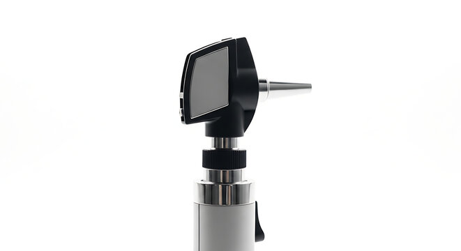 Medical otoscope diagnostic tool for ear examination isolated against a clean white studio background