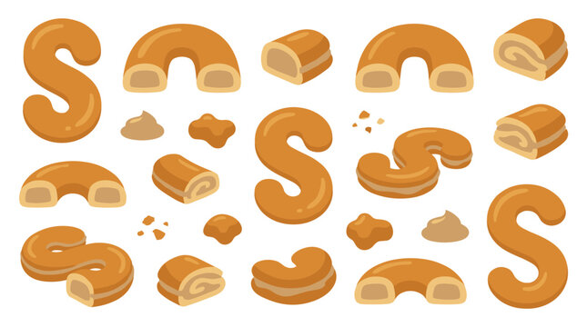 Set of cinnamon roll snacks and s shaped pastries, sweet dessert treats, bakery items, delicious food illustration for cafe menu and cookbook