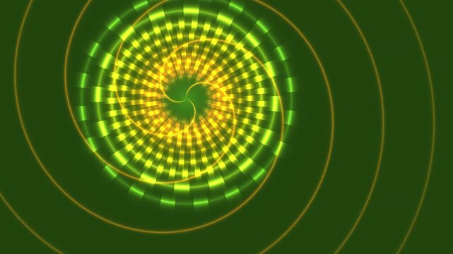 Glowing green and yellow spiral pattern with radiating concentric lines on dark background