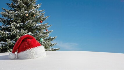Obraz premium A Christmas hat on snow next to a decorated tree during winter.