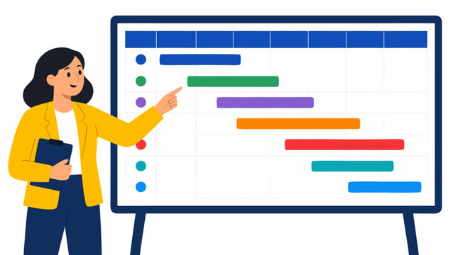 Professional project manager presenting colorful Gantt chart timeline on whiteboard with bold flat design elements and modern business illustration style