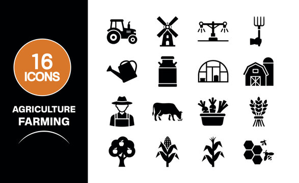 A collection of sixteen black and white agriculture and farming vector icons featuring tractors windmills livestock crops and various traditional rural farm equipment