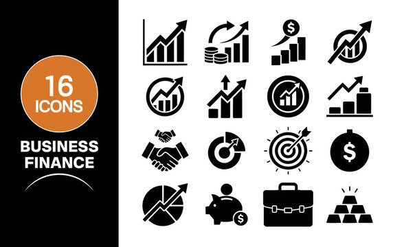 A collection of sixteen black business and finance themed icons featuring charts graphs money growth targets handshake briefcase and piggy bank for professional designs