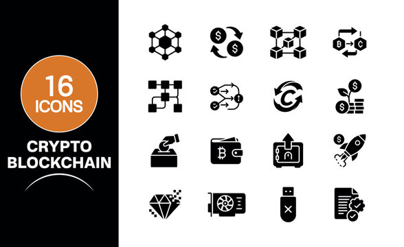 A comprehensive collection of eighteen flat black vector icons representing various concepts related to cryptocurrency blockchain technology digital finance and decentralized network systems