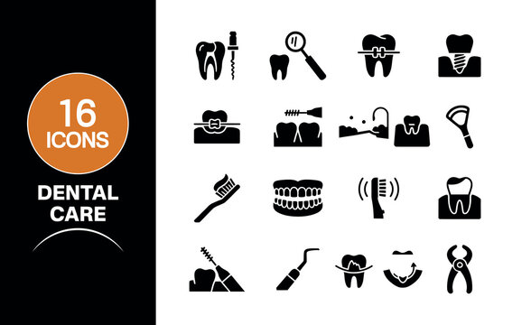 A comprehensive set of eighteen black dental care icons featuring various medical tools and oral health symbols for professional dentistry and clinic design projects