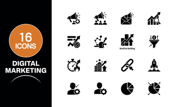 A comprehensive collection of sixteen professional digital marketing icons featuring business growth strategy analytics and social media elements for modern web design projects