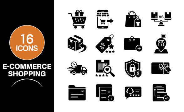 A comprehensive collection of sixteen professional black vector icons representing various e commerce shopping concepts for digital business websites and mobile application user interfaces