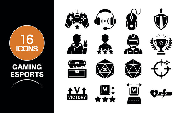 A comprehensive collection of eighteen flat black gaming and esports icons featuring controllers headsets trophies avatars and various digital game related design elements
