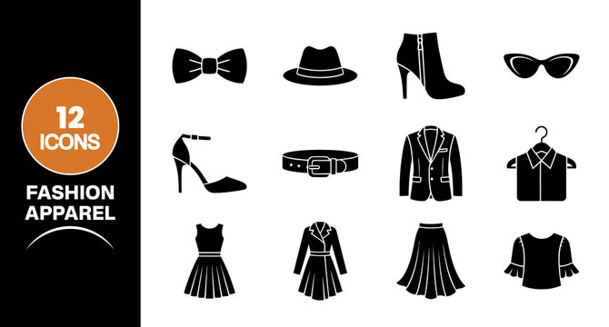 A collection of twelve black and white fashion apparel icons featuring clothing accessories footwear and stylish garments for modern retail design projects