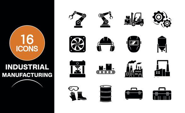 A comprehensive collection of sixteen black industrial manufacturing icons featuring factory equipment machinery robotics construction tools and production facility elements for modern business design