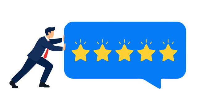 Businessman pushing giant blue speech bubble with five golden glowing stars, bold flat design illustration representing customer satisfaction, positive feedback, and excellent service rating