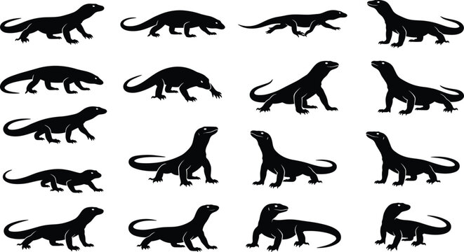 Komodo Dragon Silhouette Vector Set Monitor Lizard Poses Isolated On White Background