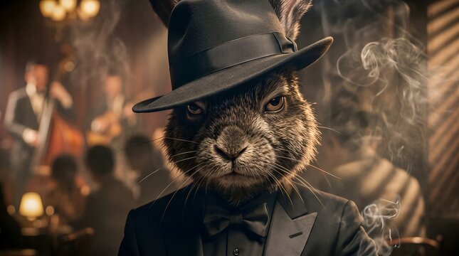 Anthropomorphic rabbit mobster in black suit and fedora at smoky jazz club