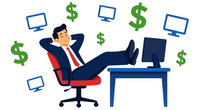 Relaxed businessman leaning back in office chair with feet up on desk, surrounded by floating dollar signs and computer monitors symbolizing financial success and digital wealth management