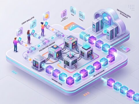 Decentralized blockchain network system displaying user wallets validator nodes smart contracts and cloud storage