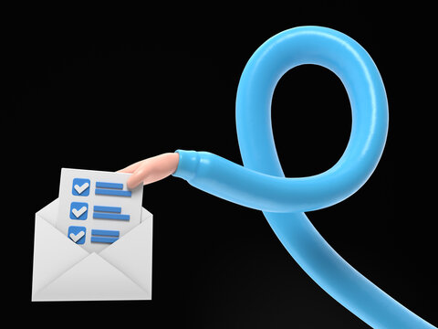 3d mail envelope icon with task management todo check list in hand holding.assignment and exam.3D rendering on black Screen for footage and clipping path.long arms concept.