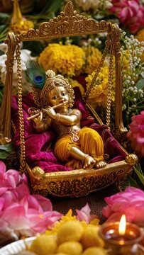Baby Krishna statue playing flute in a decorative swinging cradle for Janmashtami. Hindu deity sculpture decorated with peacock feather and flowers. Traditional Indian festival celebration.