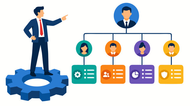 Businessman Manager Standing on Gear Cogwheel Pointing at Organizational Chart with Employee Roles Responsibilities Structure Hierarchy