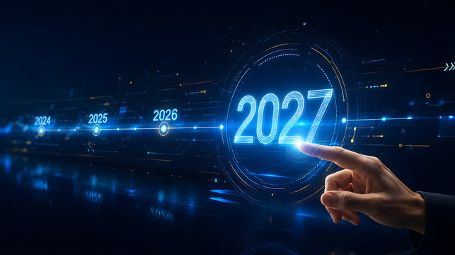 A finger touching a futuristic digital interface to select the year 2027 on a glowing timeline.