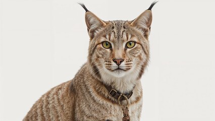 Fototapeta premium A close-up of a wild-looking domestic cat with distinctive markings and piercing eyes on a plain background.