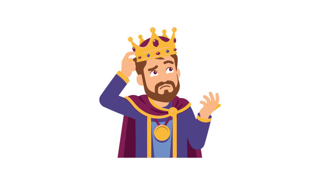 Confused King Scratching Head, Wearing Crown and Royal Robes, Isolated on White